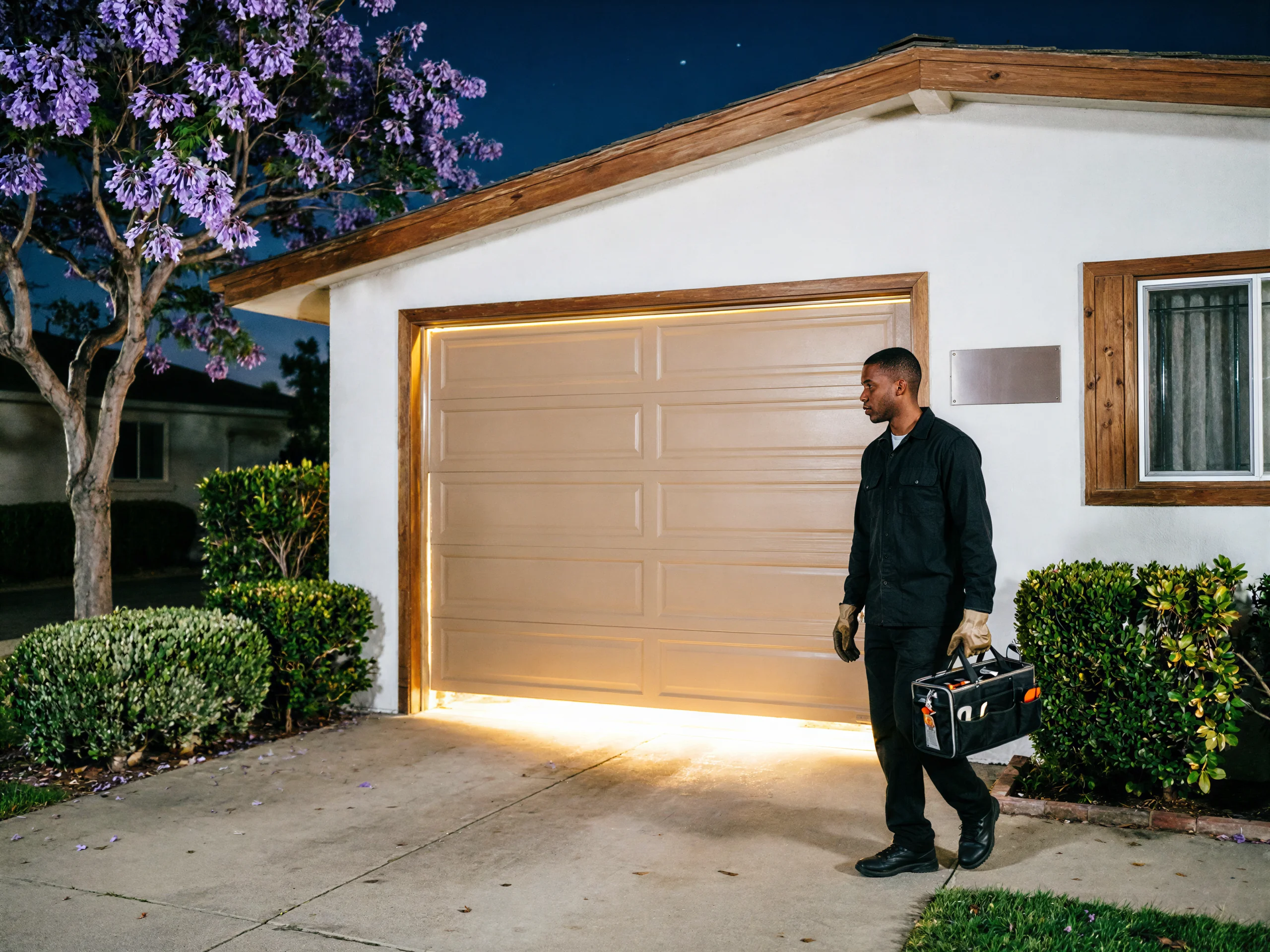 A technician walks toward a garage with a partially open garage door at night.