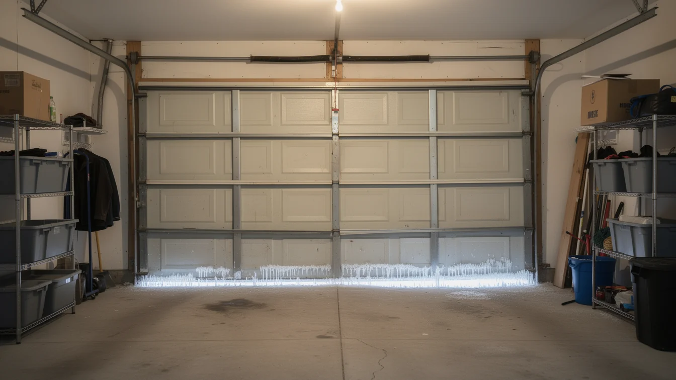 The garage door has icicles along its bottom edge.
