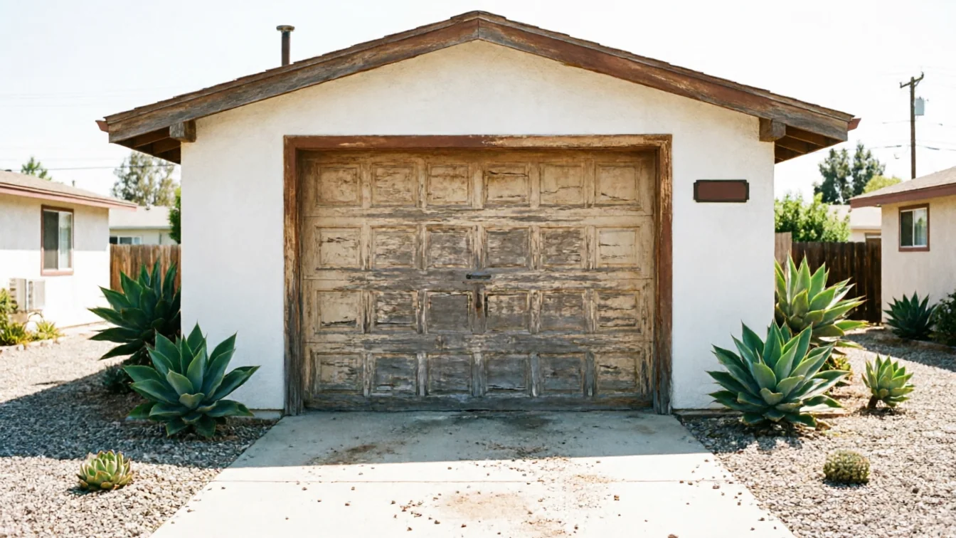 A weathered wooden garage door on a white stucco garage with agave plants.