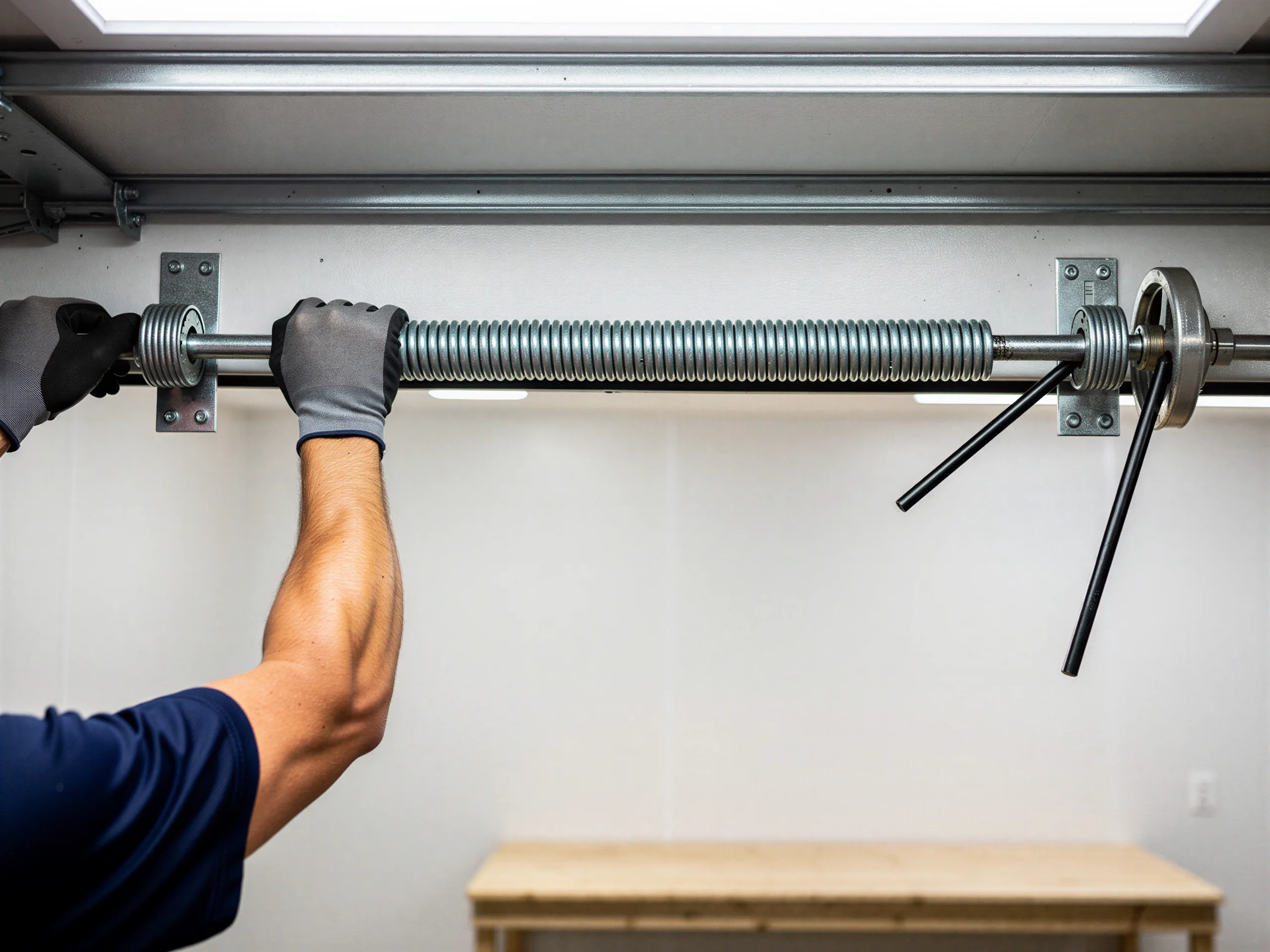 A technician adjusts a garage door torsion spring with winding bars.
